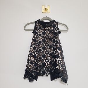 Gracia Floral Lace Open Back Sleeveless Halter Top Women Medium Black Tan Bow